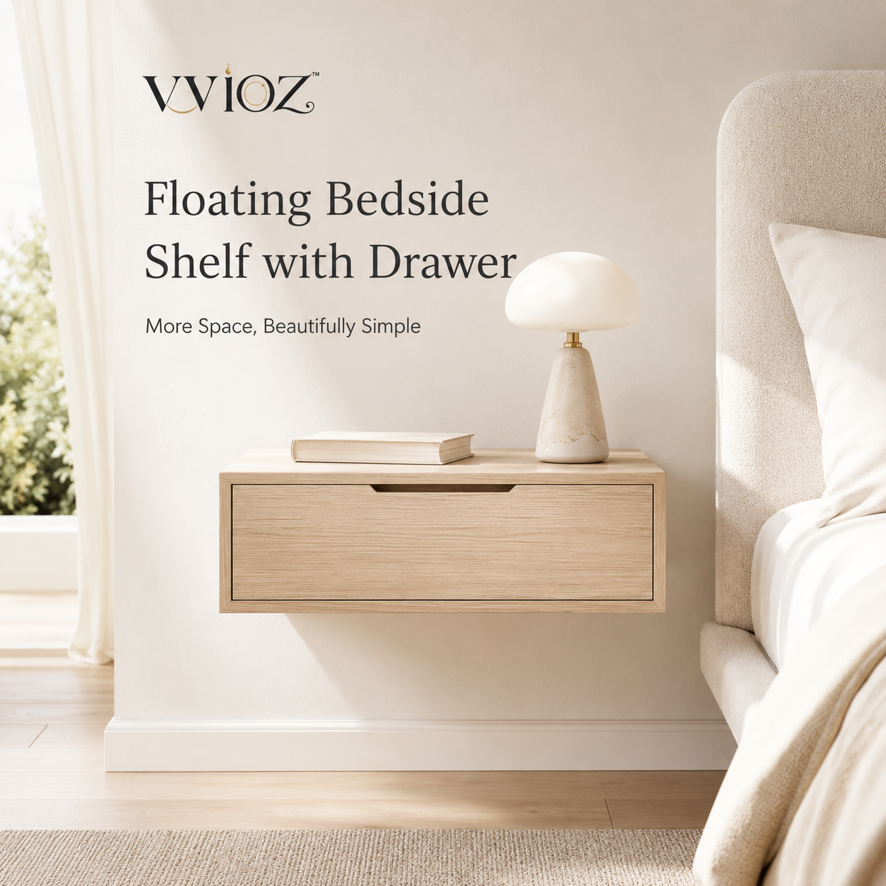 vvioz light wood floating bedside shelf with a storage drawer