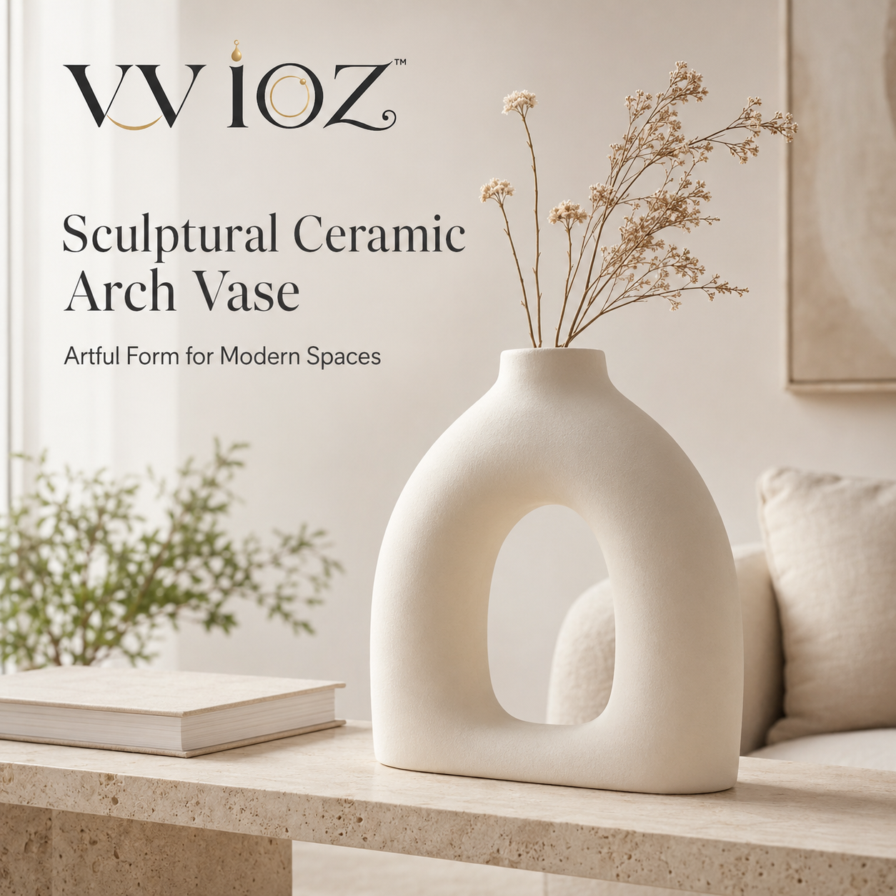 vvioz sculptural ivory ceramic arch vase with dried stems
