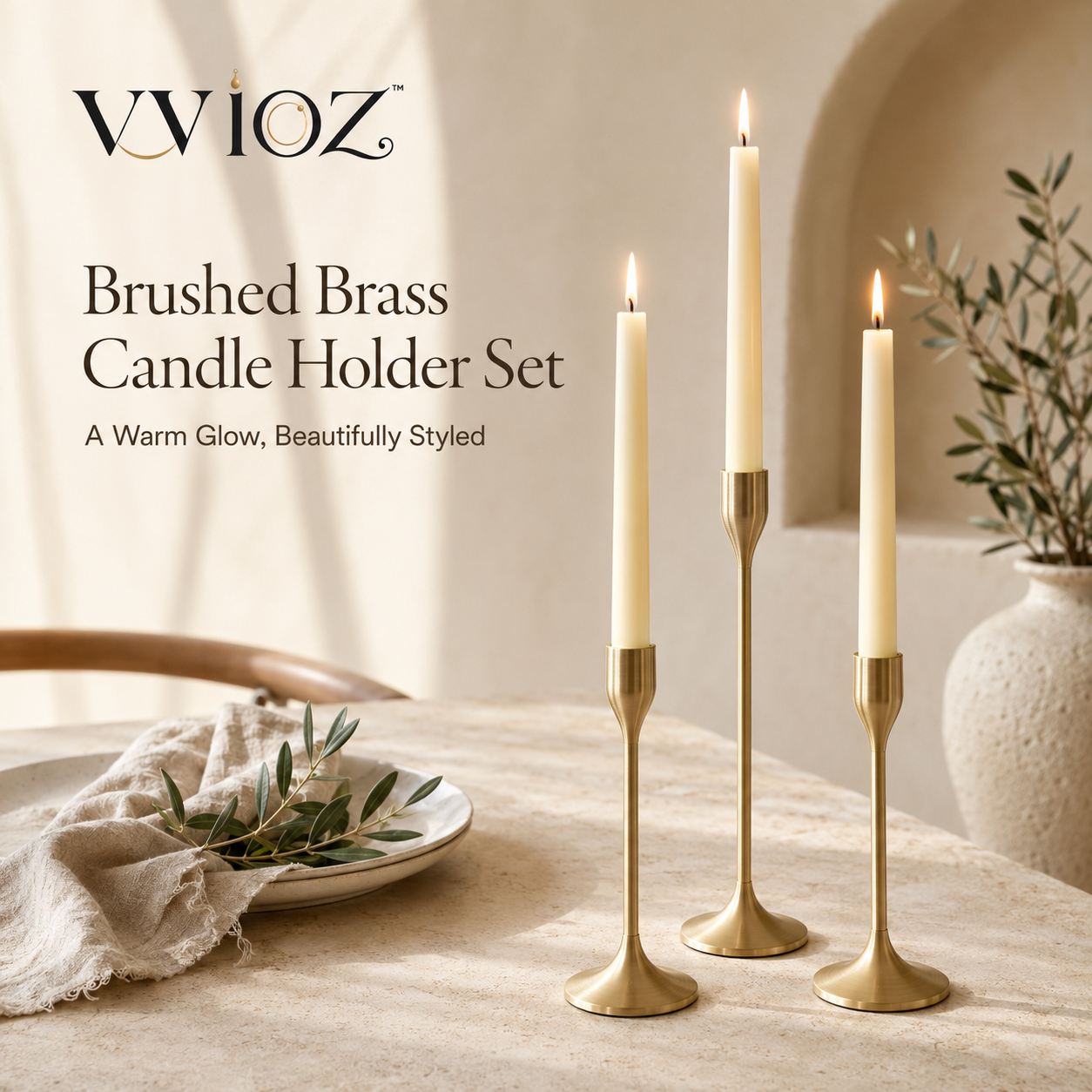 vvioz brushed brass taper candle holder set in three heights