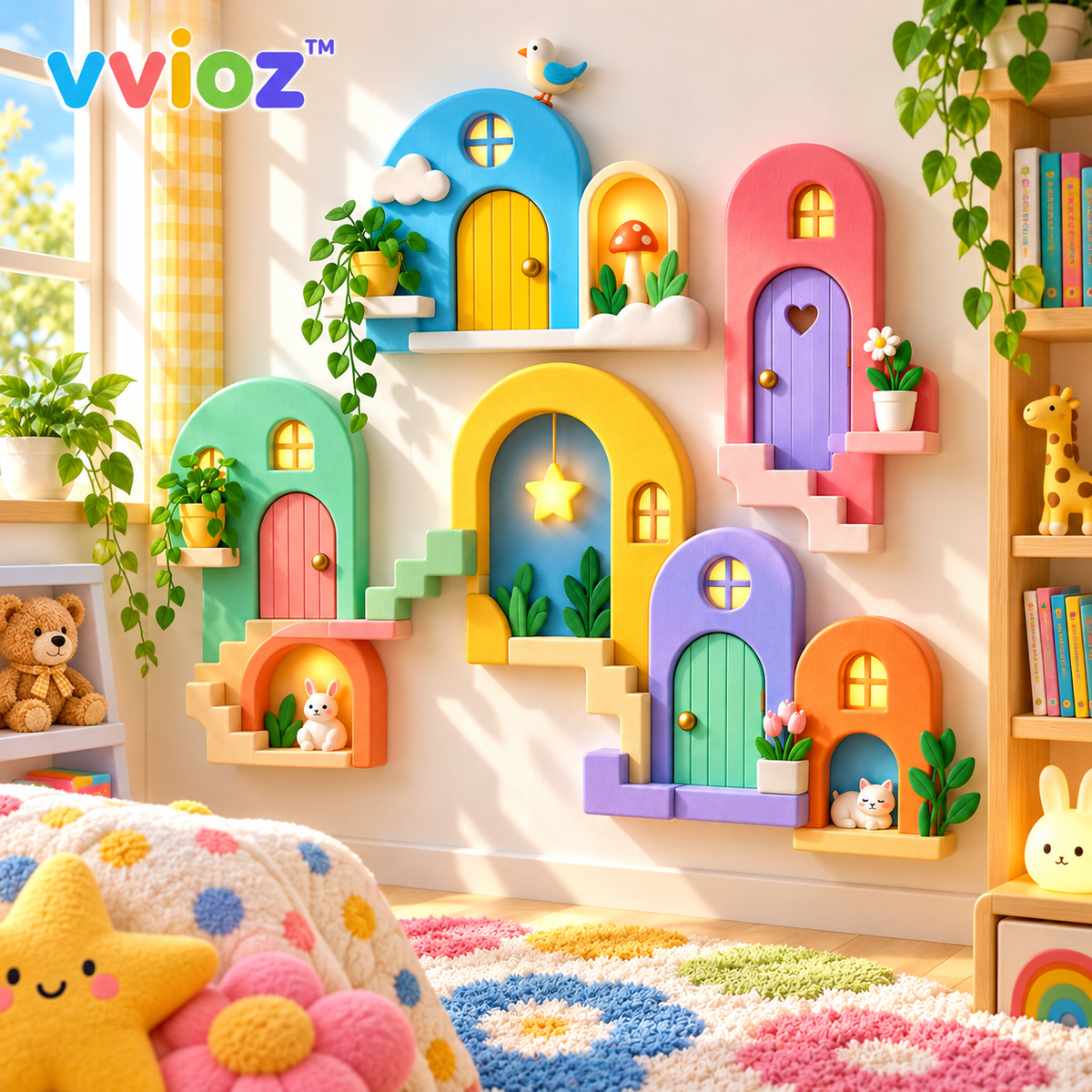 vvioz™ Little Doorways Modular Wall Sculpture Set in a bright colorful kids room