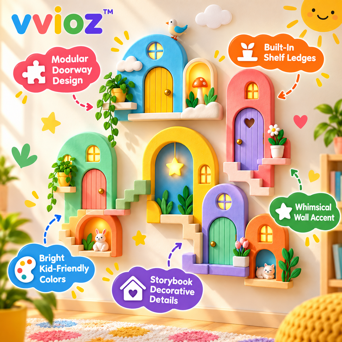 vvioz™ Little Doorways Modular Wall Sculpture Set five feature highlights
