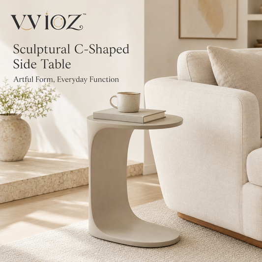 vvioz sculptural C-shaped side table beside a cream sofa
