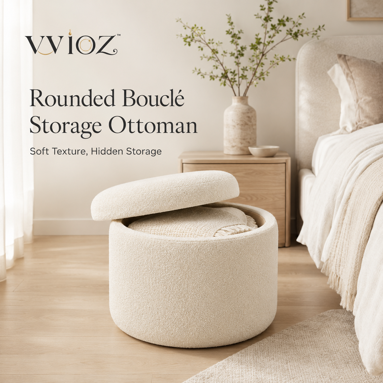 vvioz rounded ivory bouclé storage ottoman with open lid