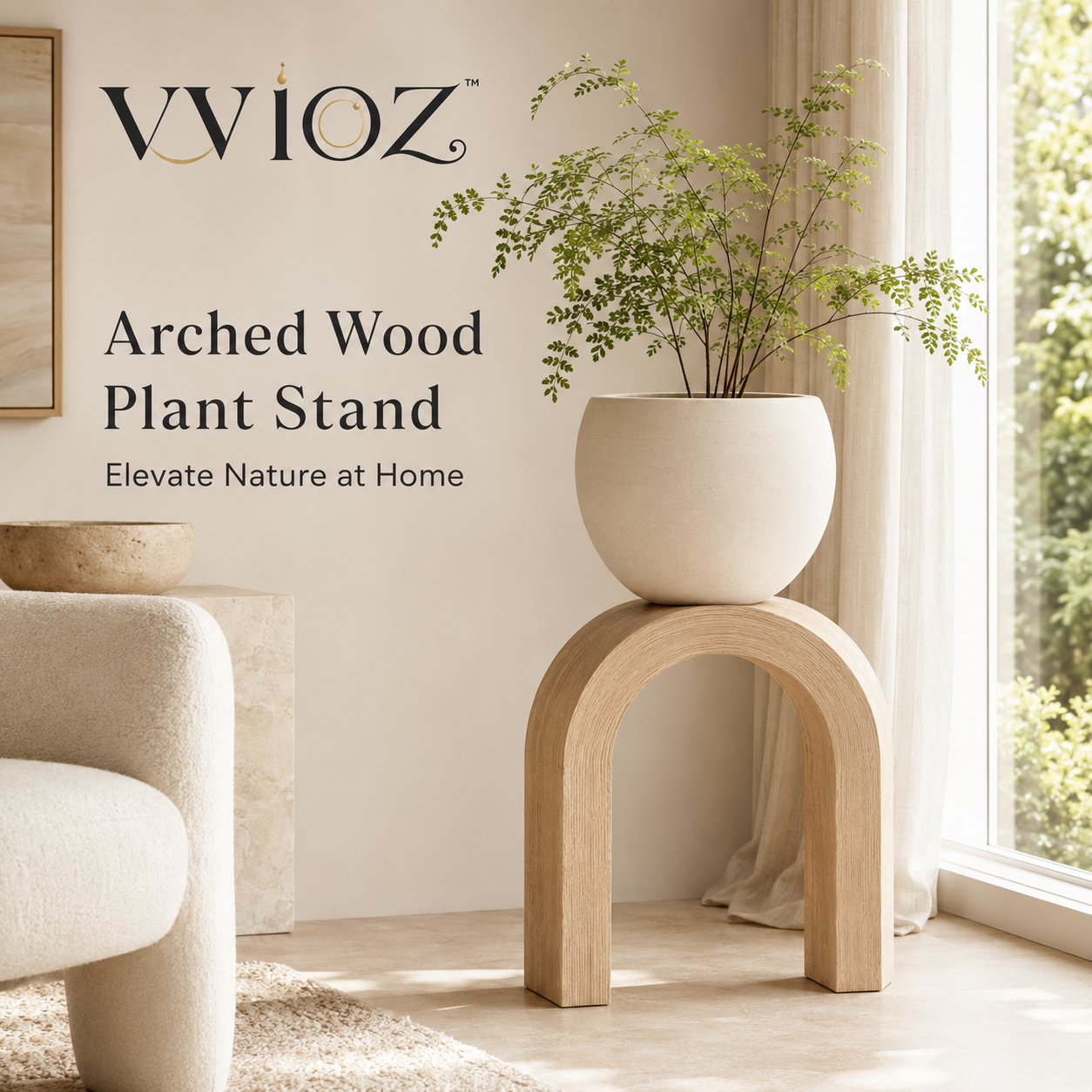 vvioz arched wood plant stand with an ivory planter