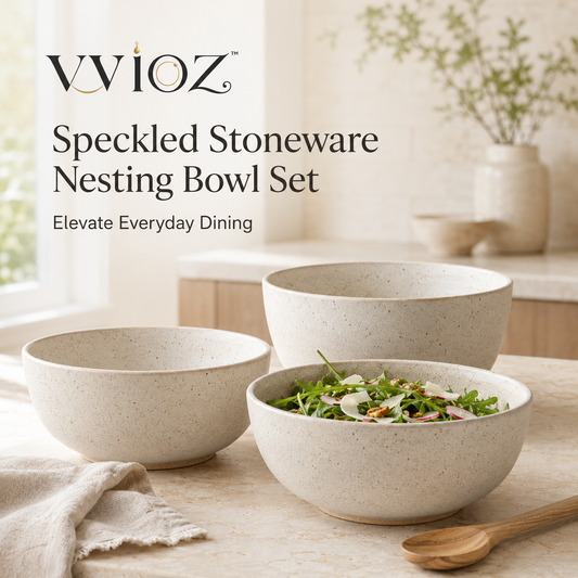 vvioz speckled stoneware nesting bowl set in a bright modern kitchen