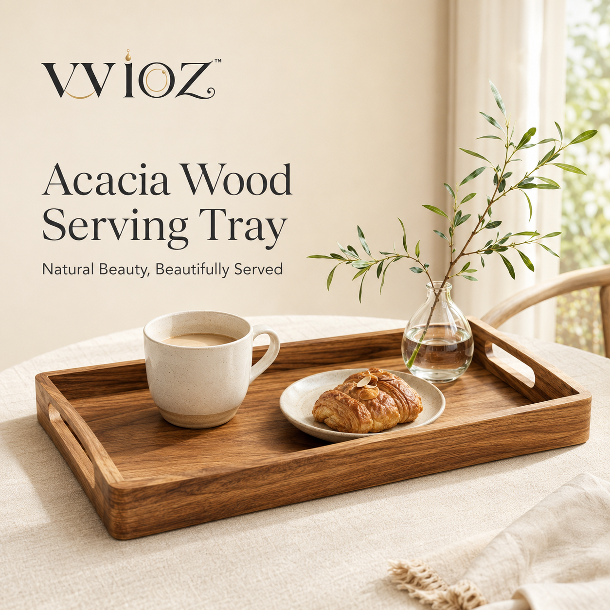 vvioz acacia wood serving tray with handles styled for breakfast