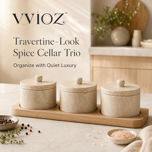 vvioz travertine-look spice cellar trio with lids on a wood tray