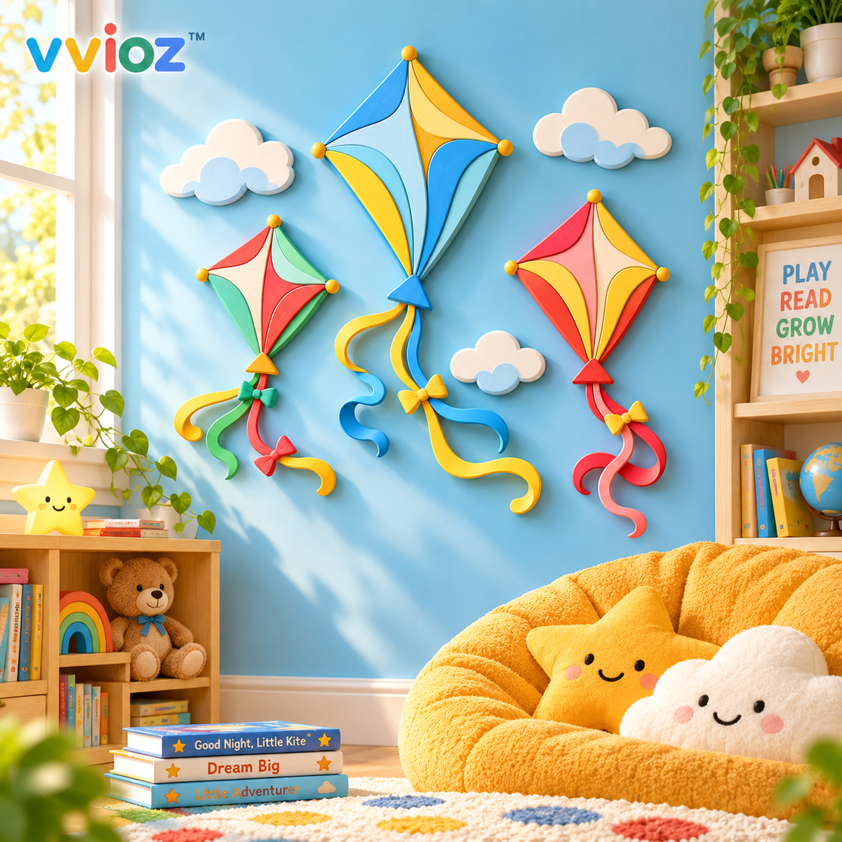 vvioz™ Floating Kite Layered 3D Wall Relief Set in a bright colorful kids room