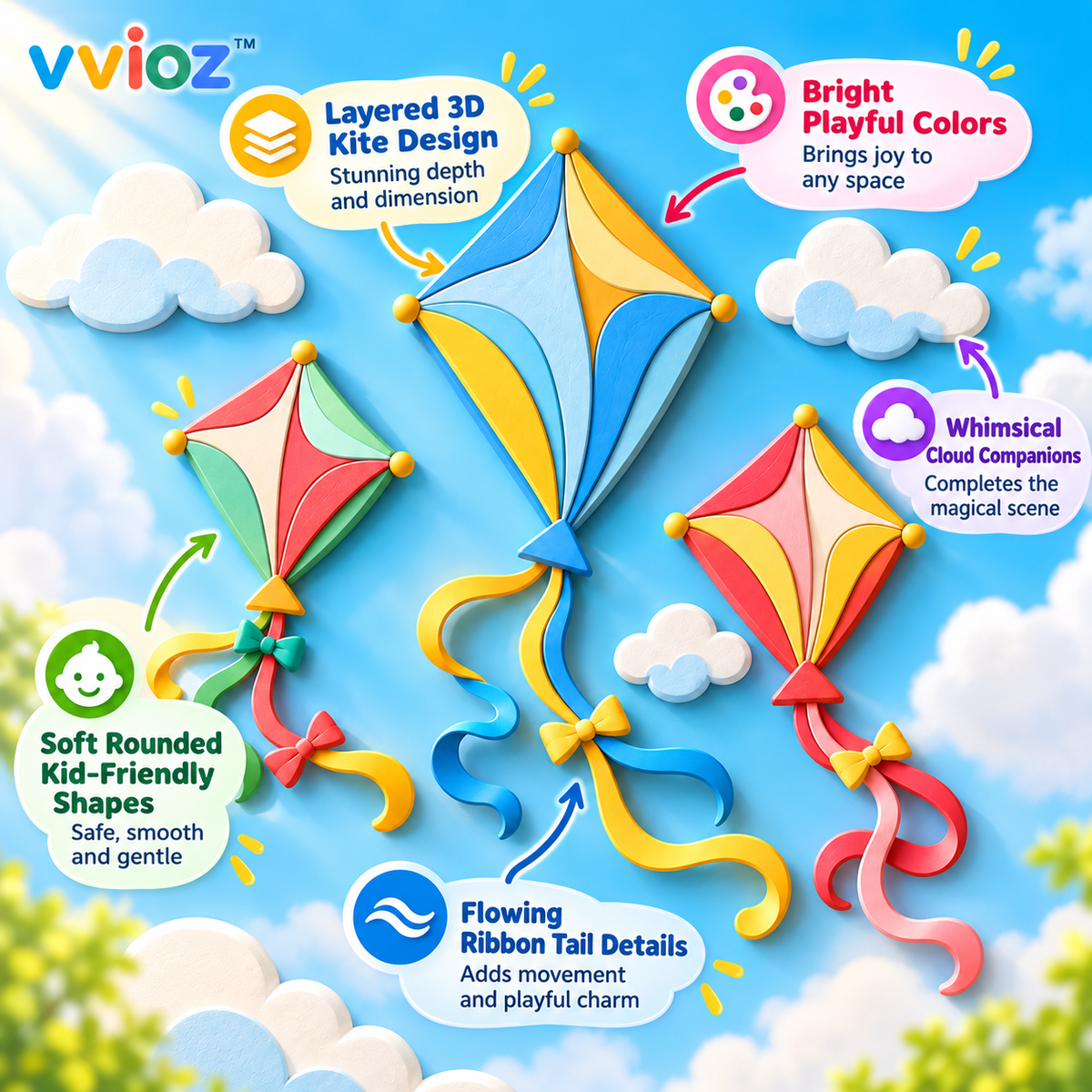 vvioz™ Floating Kite Layered 3D Wall Relief Set five feature highlights