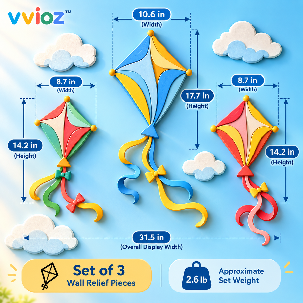 vvioz™ Floating Kite Layered 3D Wall Relief Set dimensions and weight