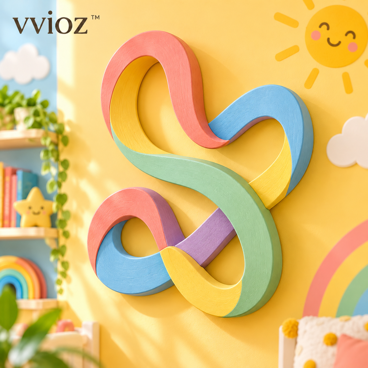 vvioz™ Looping Ribbon 3D Wooden Wall Sculpture colorful main view