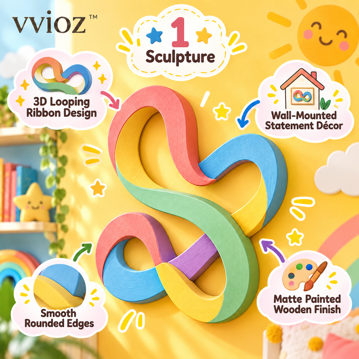 vvioz™ Looping Ribbon 3D Wooden Wall Sculpture feature highlights