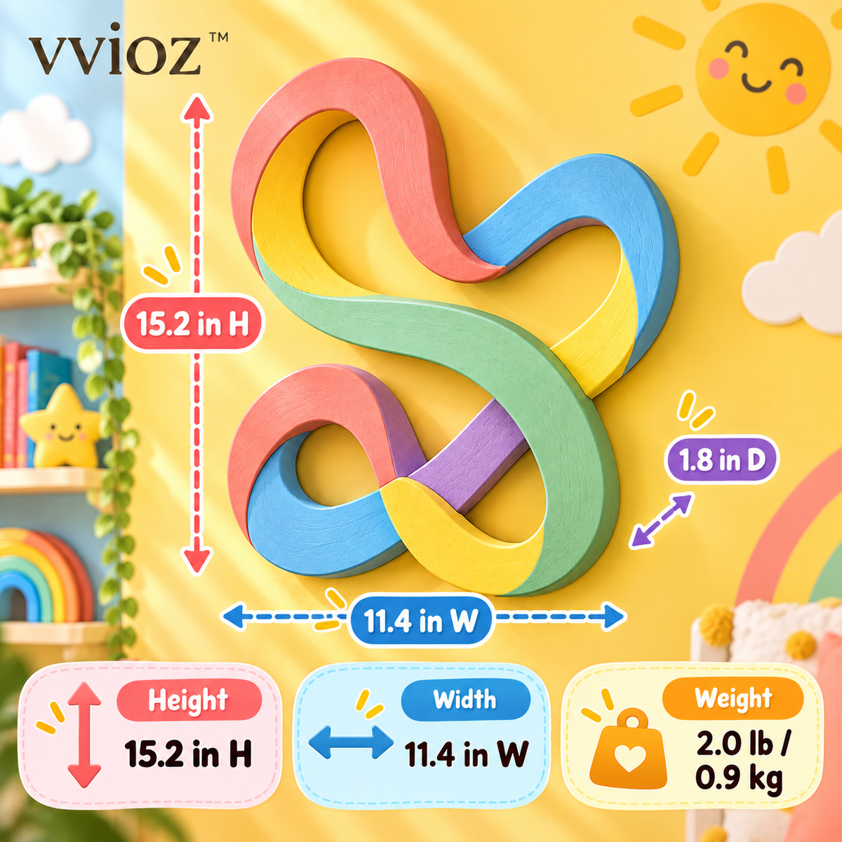 vvioz™ Looping Ribbon 3D Wooden Wall Sculpture dimensions and weight