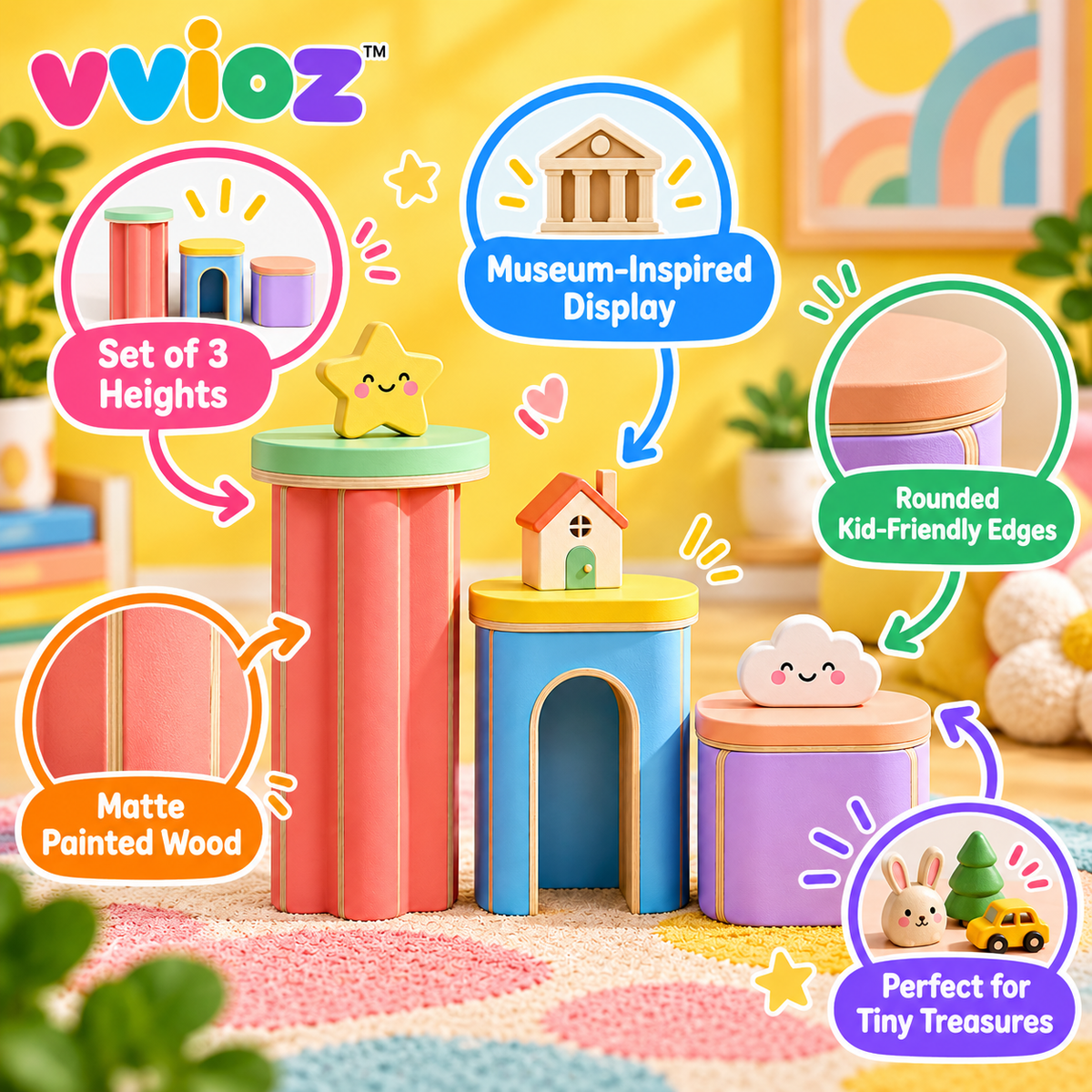 vvioz™ Tiny Museum Mini Display Pedestal Set five feature highlights