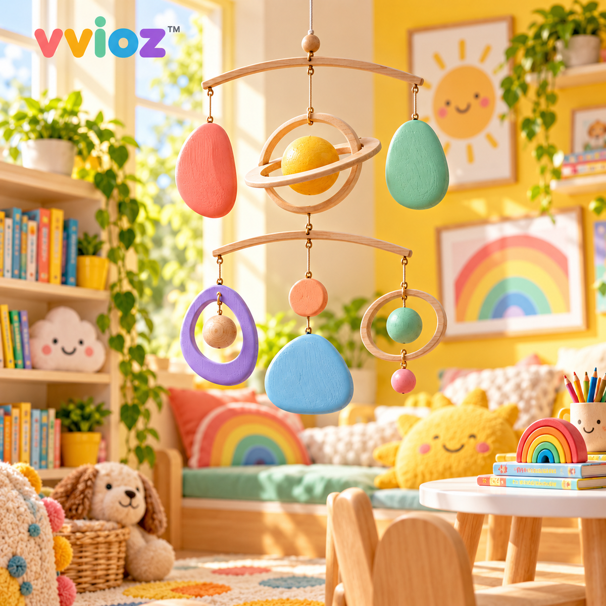 vvioz™ Orbit & Pebble Kinetic Hanging Sculptured in a bright colorful kids room