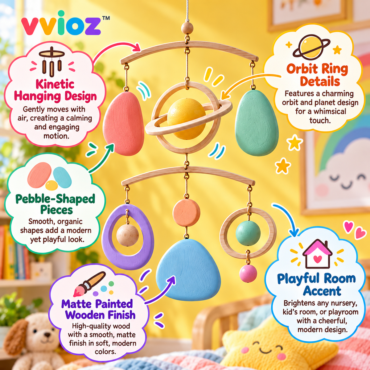 vvioz™ Orbit & Pebble Kinetic Hanging Sculptured five feature highlights