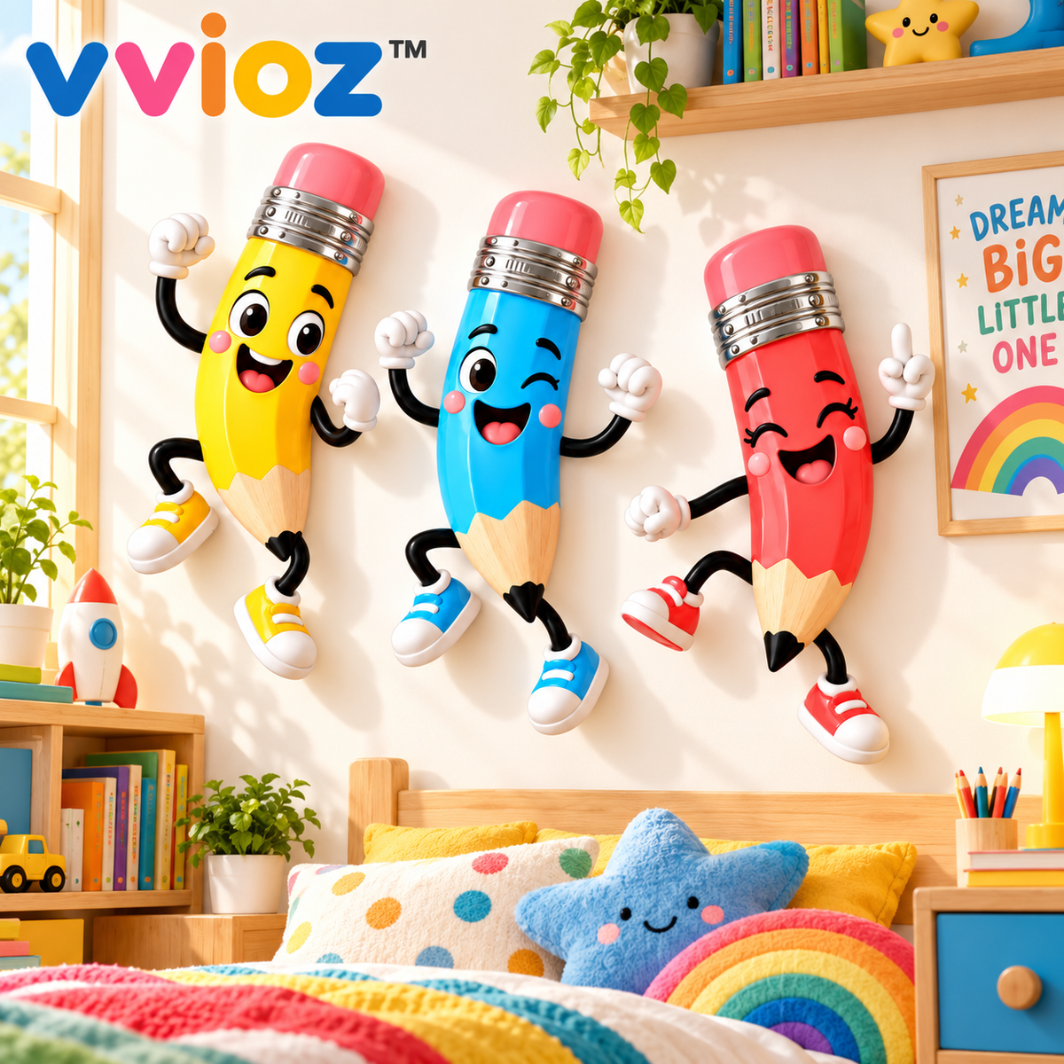 vvioz™ Dancing Pencil 3D Wall Sculpture Set in a bright colorful kids room