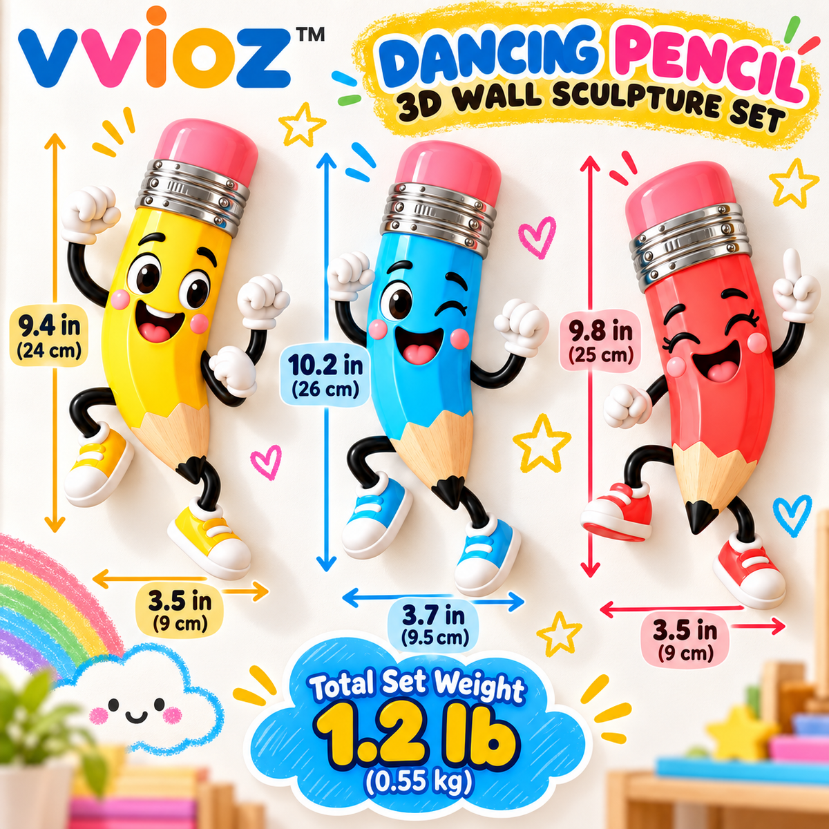 vvioz™ Dancing Pencil 3D Wall Sculpture Set dimensions and weight