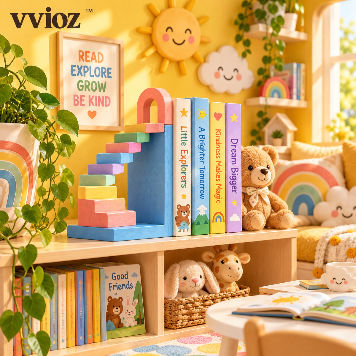 vvioz™ Stairway to Nowhere Sculptural Bookend in a colorful kids reading nook
