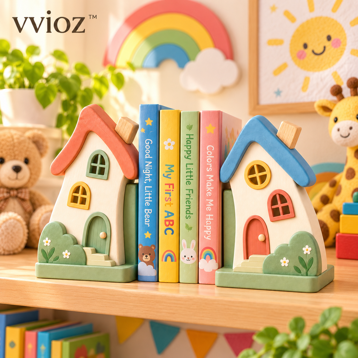 vvioz™ Wobble House bookends in a colorful kids reading nook