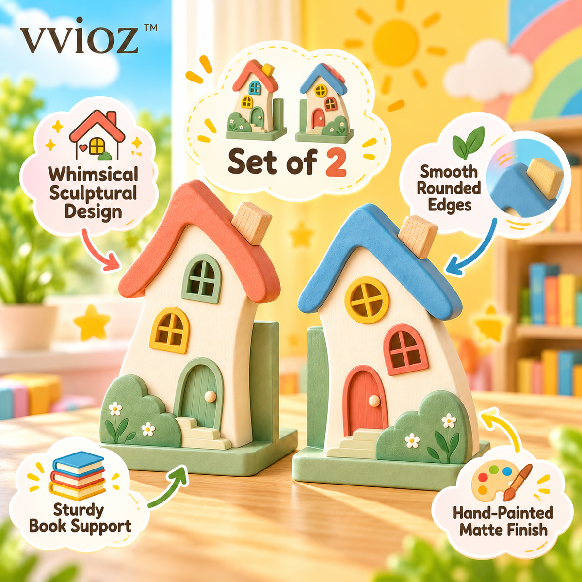 vvioz™ Wobble House bookend set feature highlights
