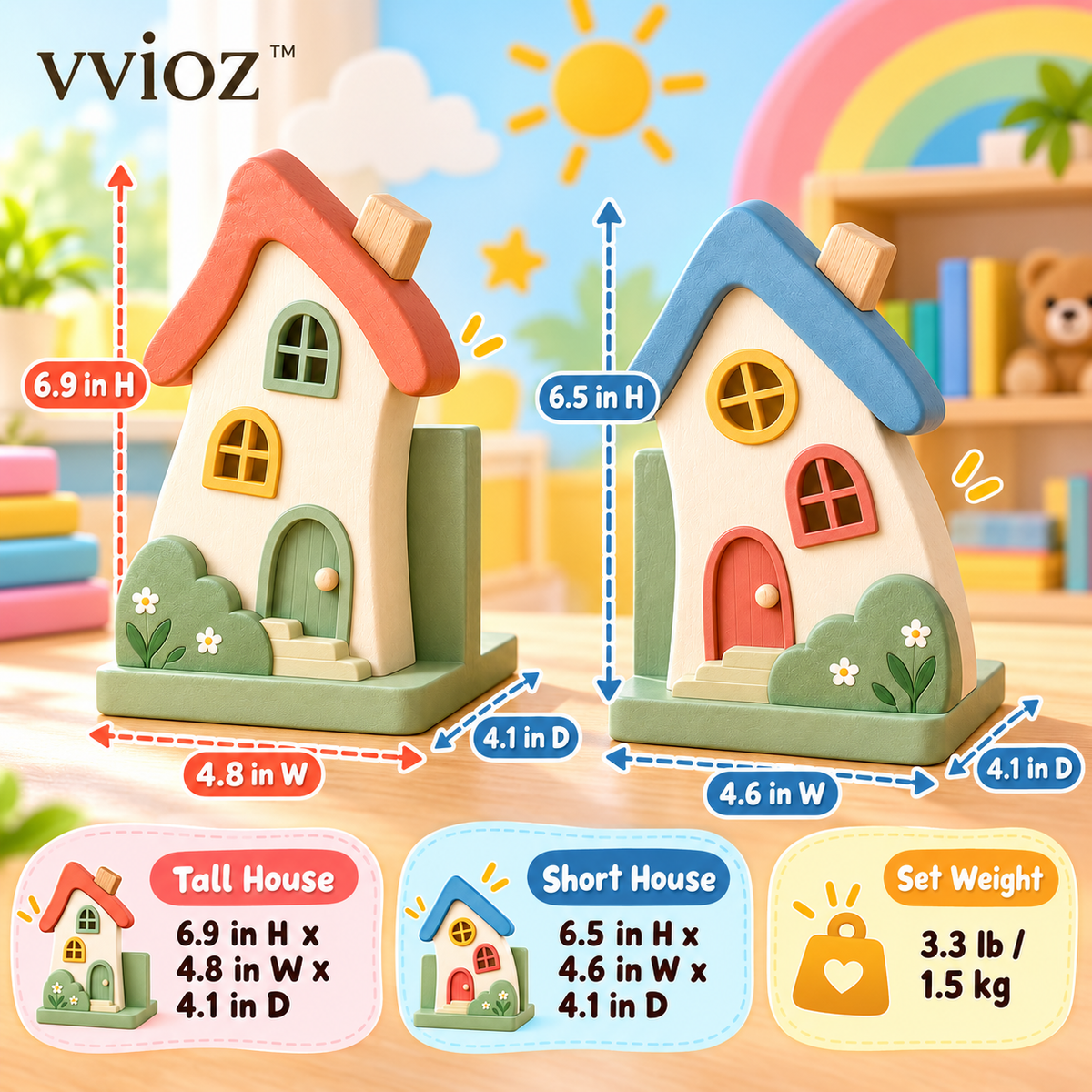 vvioz™ Wobble House bookend set dimensions and weight