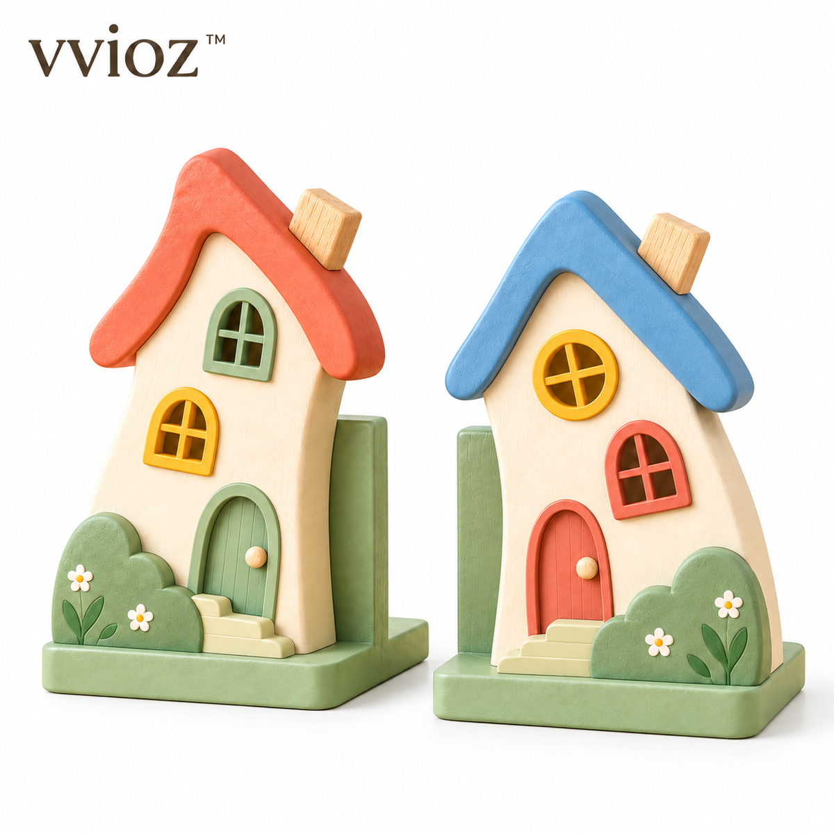vvioz™ Wobble House Sculptural Kids Bookend Set on white background